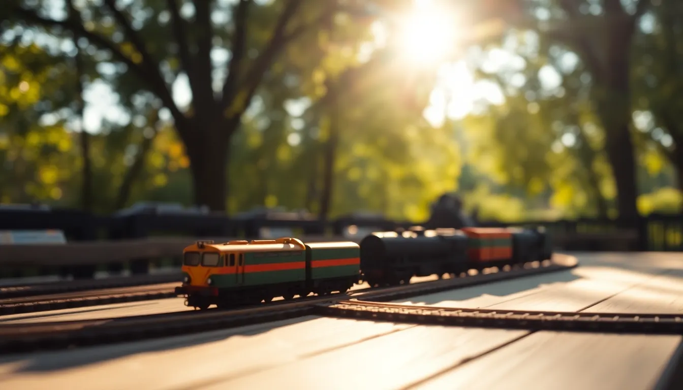Miniature Train Set on Sunny Afternoon This whimsical scene captures a miniature train set displayed on a rustic wooden table, perfectly lit by the warm afternoon sun. Dappled light creates a dynamic interplay of shadows and highlights, enhancing the nostalgic atmosphere. The tilt-shift effect draws attention to the train in a playful way, while the muted color palette evokes a sense of childhood wonder. This image showcases the charming details of the miniature world.