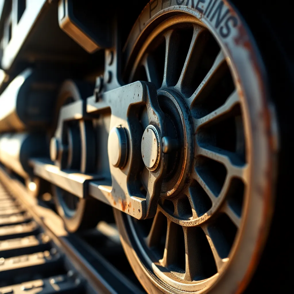 Close-Up of Train Wheels in Motion This striking close-up image captures the intricate details of a train's wheels as they turn in motion. Soft morning light highlights the textures of the brushed metal and weathered surfaces, revealing an industrial beauty. With a shallow depth of field creating a soft background blur, the wheel's circular forms become the focal point, evoking a sense of kinetic energy. The rich metallic tones and rust accents add to the overall aesthetic, celebrating the craftsmanship and engineering of rail transport.