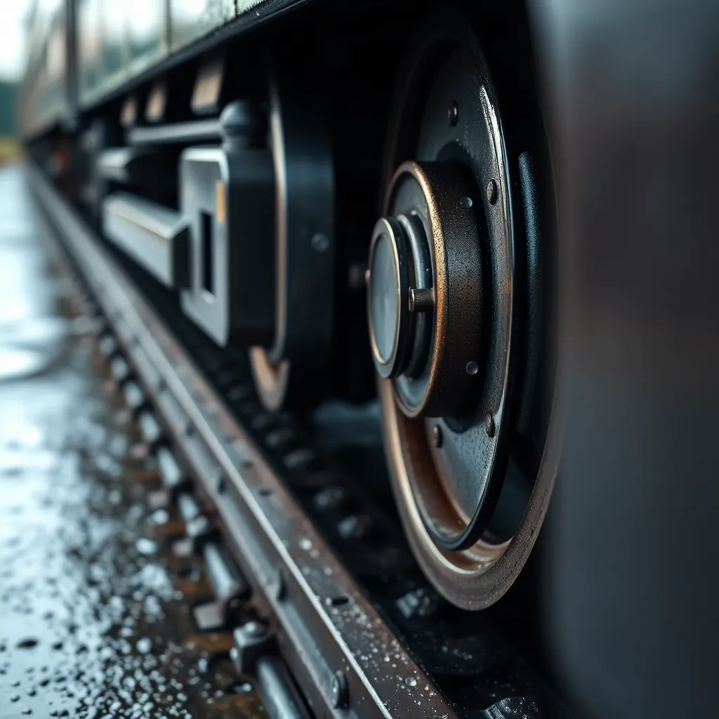 A striking close-up image captures the intricate details of a train wheel resting on a rain-slicked track. Glimmering droplets enhance the lustrous metallic surface, evoking a sense of motion and power even in stillness. The rich saturation of colors juxtaposes the wheel's sheen against the dark, reflective track. This macro perspective showcases the engineering marvels of transportation while revealing the beauty in everyday mechanics.