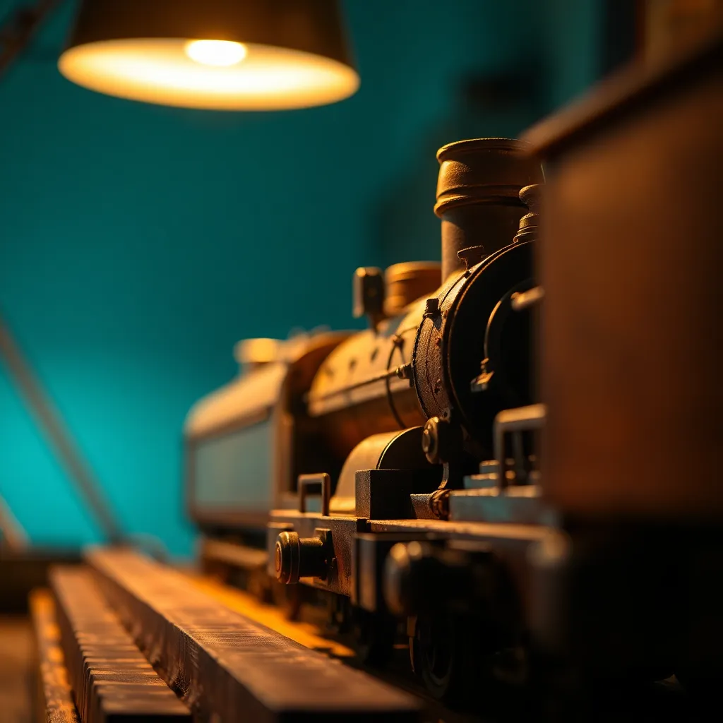 An intricate close-up of a vintage train model, illuminated by warm tungsten lighting that creates dramatic shadows and highlights. The detailed craftsmanship of the train is accentuated against a softly blurred backdrop, evoking nostalgia. The teal and orange color grading adds a cinematic touch, enhancing the emotional impact of the image.
