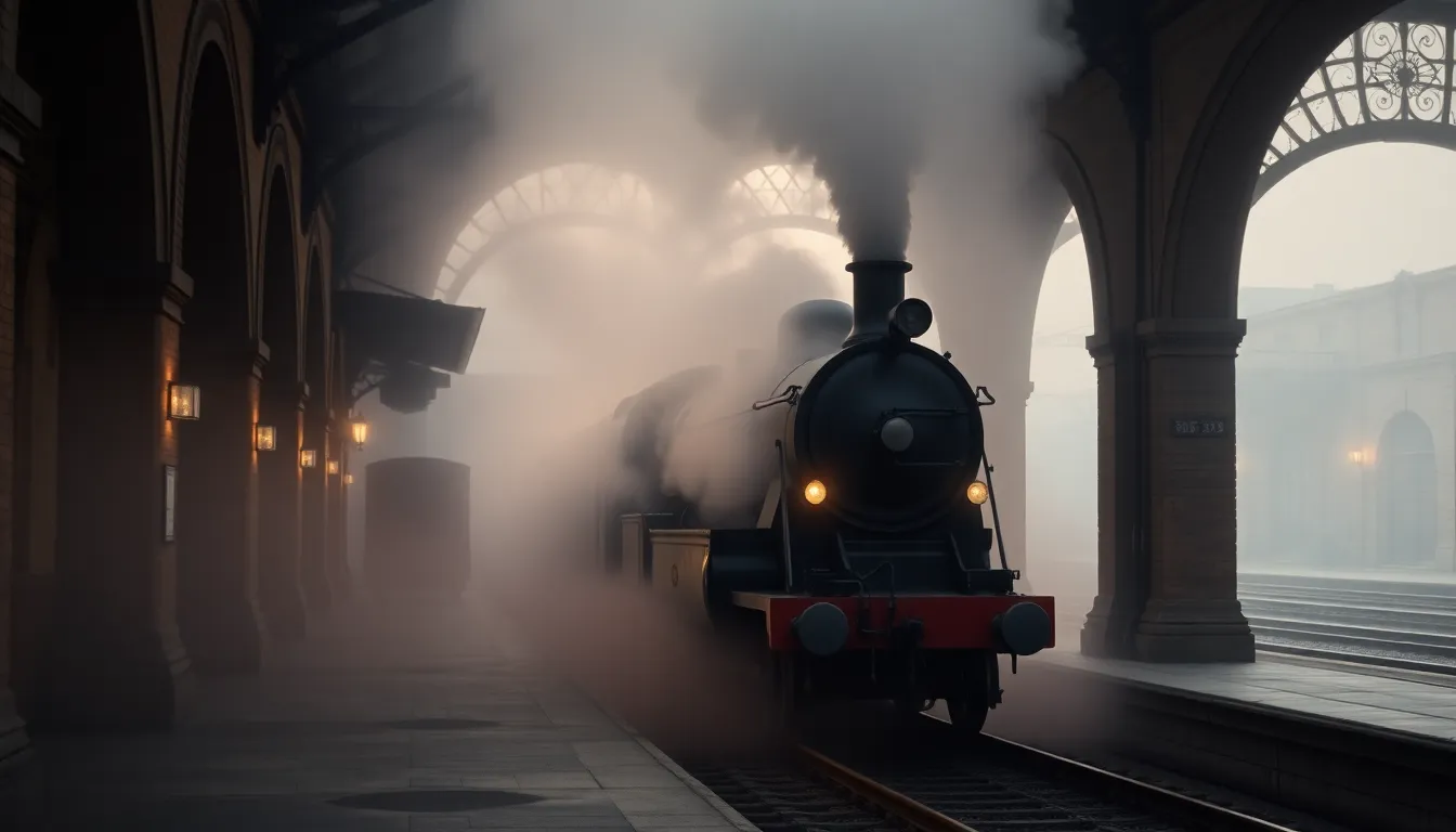 Step back in time with a mesmerizing scene of a classic steam locomotive nestled in a historic train station's foggy morning atmosphere. The warm light spilling from the station's architecture creates a contrast against the cool fog, inviting a sense of nostalgia. With a shallow depth of field isolating the locomotive, this image highlights the beauty of vintage transportation. The muted pastel colors enhance the serene mood, making it a captivating piece for history enthusiasts.
