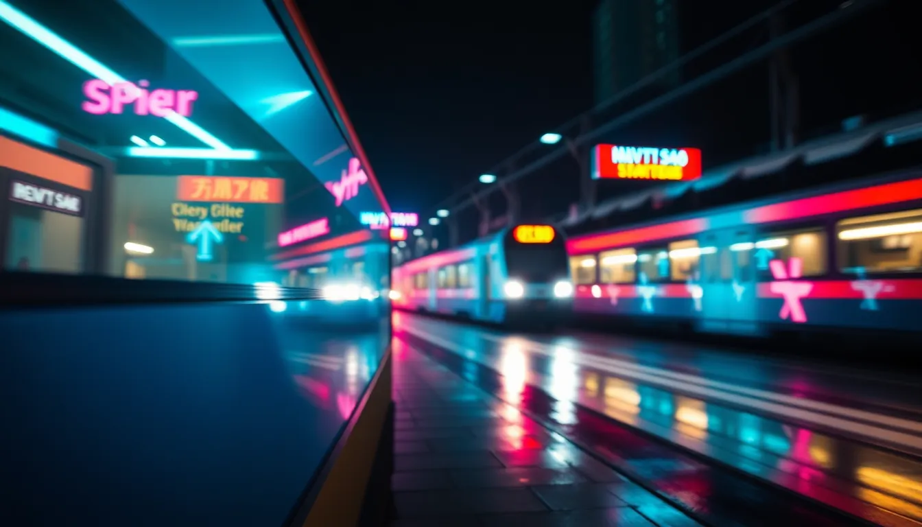 A train rushes past a lively station, captured in the glow of neon signage that reflects brilliantly off the wet pavement. The shallow depth of field creates a dreamy haze of city lights, while the Dutch angle composition adds a sense of dynamic movement. The vibrant cinematic teal and orange color grading enhances the dramatic atmosphere, while the interplay of reflections and textures reveals a moody yet captivating urban scene at night.