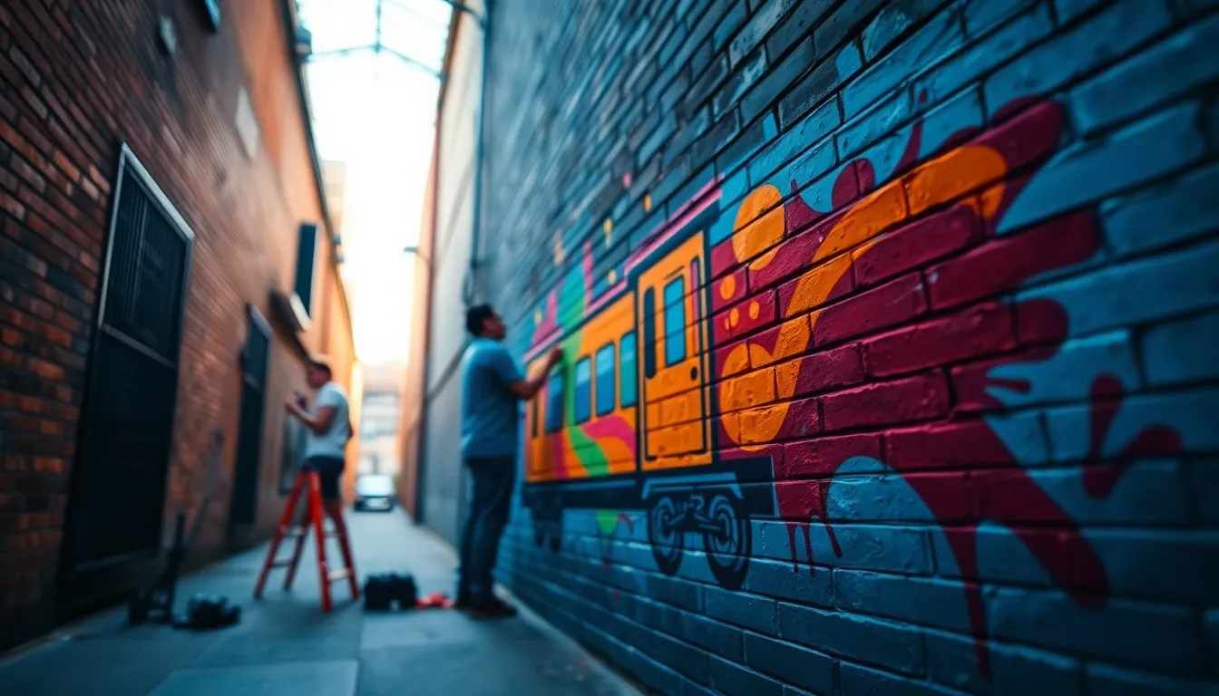 Artist Painting Train Mural in Urban Alley This vibrant image features an artist passionately painting a train mural on a brick wall in a lively urban alley. Soft natural light highlights the colorful paint, creating a dynamic interplay of hues. The focus on the artist’s brushwork contrasts beautifully with the blurred cityscape behind, emphasizing creativity in transportation art. The composition draws the viewer’s attention along leading lines, encapsulating the spirit of urban artistry.
