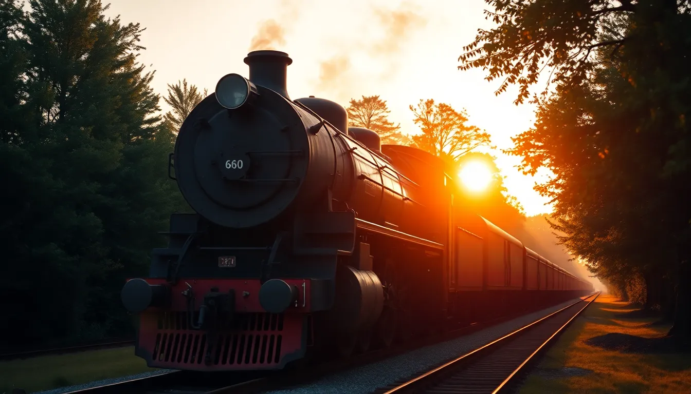 Vintage Steam Train Crossing Bridge This image captures a vintage steam train elegantly crossing an arched bridge during golden hour. Warm sunlight illuminates the scene, highlighting the billowing steam and rusted textures of the train. The composition draws the viewer's eye, with the train placed dynamically within the frame. The cinematic color grading enhances the nostalgic feel, making this an evocative representation of classic transportation.