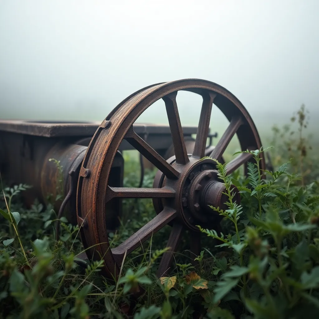 Rusting Train Wheel in Foggy Overgrowth