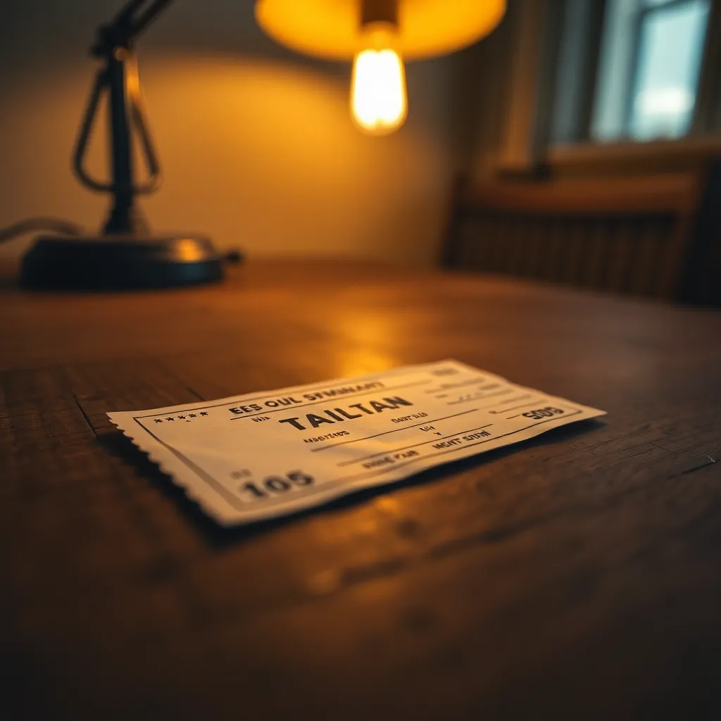 A detailed close-up shot of a vintage train ticket lying on a rustic wooden table, illuminated by soft warm light from a nearby lamp. The intricate design of the ticket is captured beautifully, showcasing its historical significance. The shallow depth of field directs focus to the ticket while the wood grain provides a textured background, creating depth in the image. This composition evokes a sense of nostalgia and appreciation for travel history.
