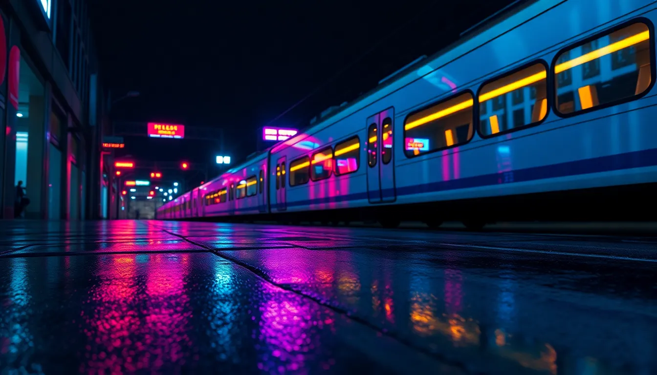 A night scene at a vibrant train station showcases a passing train illuminated by colorful neon signage. The reflection of blue and magenta lights dances on the rain-soaked pavement, creating a surreal atmosphere. Butterfly lighting casts dramatic shadows while highlighting puddles of water. The Dutch angle adds a sense of dynamic movement to the composition, perfectly encapsulating the energy and allure of urban nightlife.