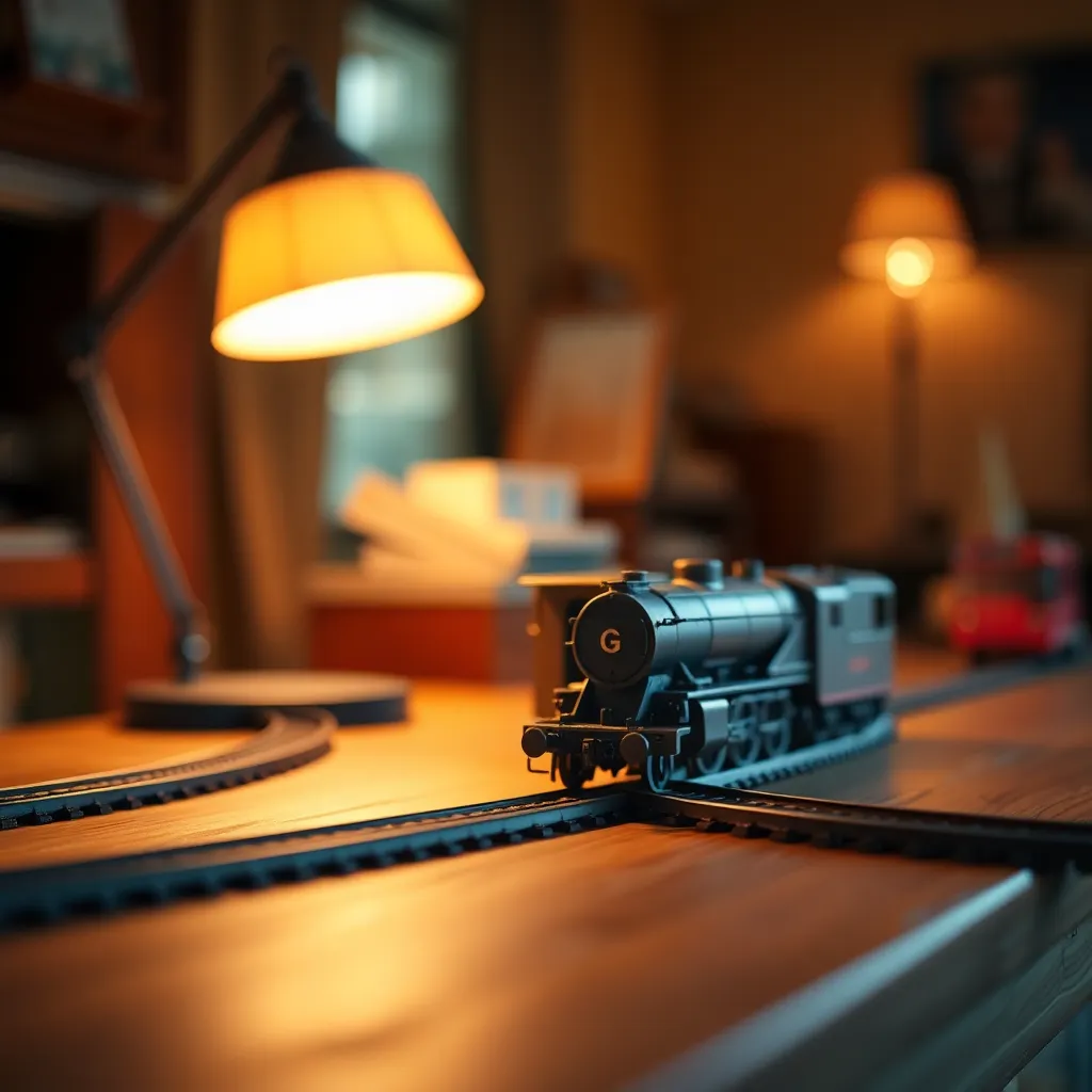 This intimate image showcases a meticulously detailed model train set illuminated by the warm glow of a tungsten desk lamp. The soft lighting emphasizes the wooden texture of the table and the shiny metal of the train, creating a cozy ambiance. The shallow depth of field isolates the train from the background, inviting viewers to appreciate the craftsmanship. A warm Kodak Portra-inspired color palette enhances the inviting atmosphere, making this scene perfect for enthusiasts of model trains.