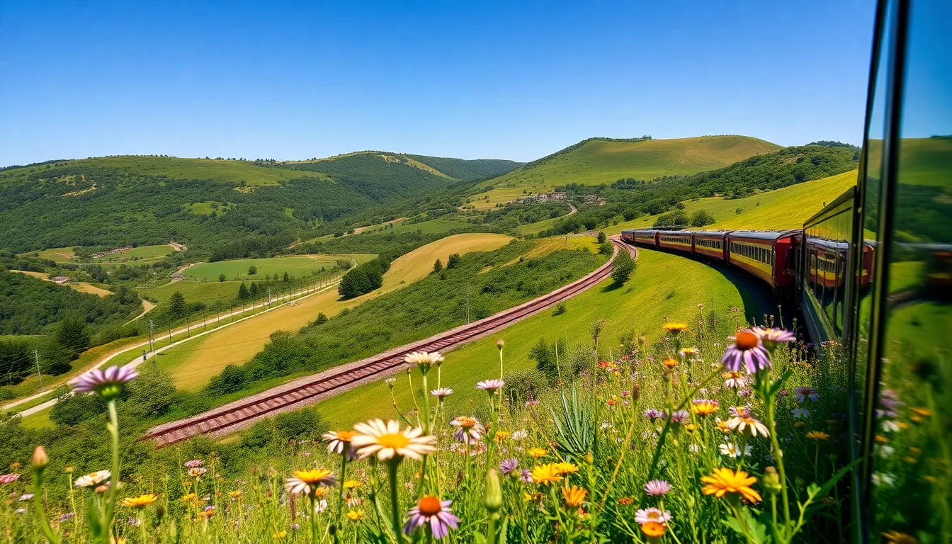 A breathtaking panoramic view of a scenic railway winding its way through a vibrant green valley under clear blue skies. The soft daylight enhances the colors of the landscape, making the scene come alive with lush greens and bright wildflowers. Leading lines from the tracks guide the eye through the breathtaking vistas, with sharp focus from the flowers in the foreground to the distant rolling hills. This image captures the beauty of train travel against a stunning natural backdrop.