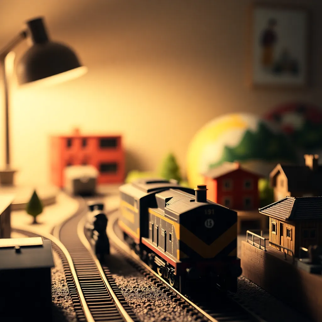 An intricately designed model train set captures the viewer's attention under the warm glow of a tungsten desk lamp. The shallow depth of field isolates the train, allowing intricate details to shine through. The warm colors inspired by Kodak Portra 400 enhance the lifelike quality of the scene, while the rule of thirds composition artfully balances the miniature world on display. Textures of wood and painted landscapes further enrich this charming setting.