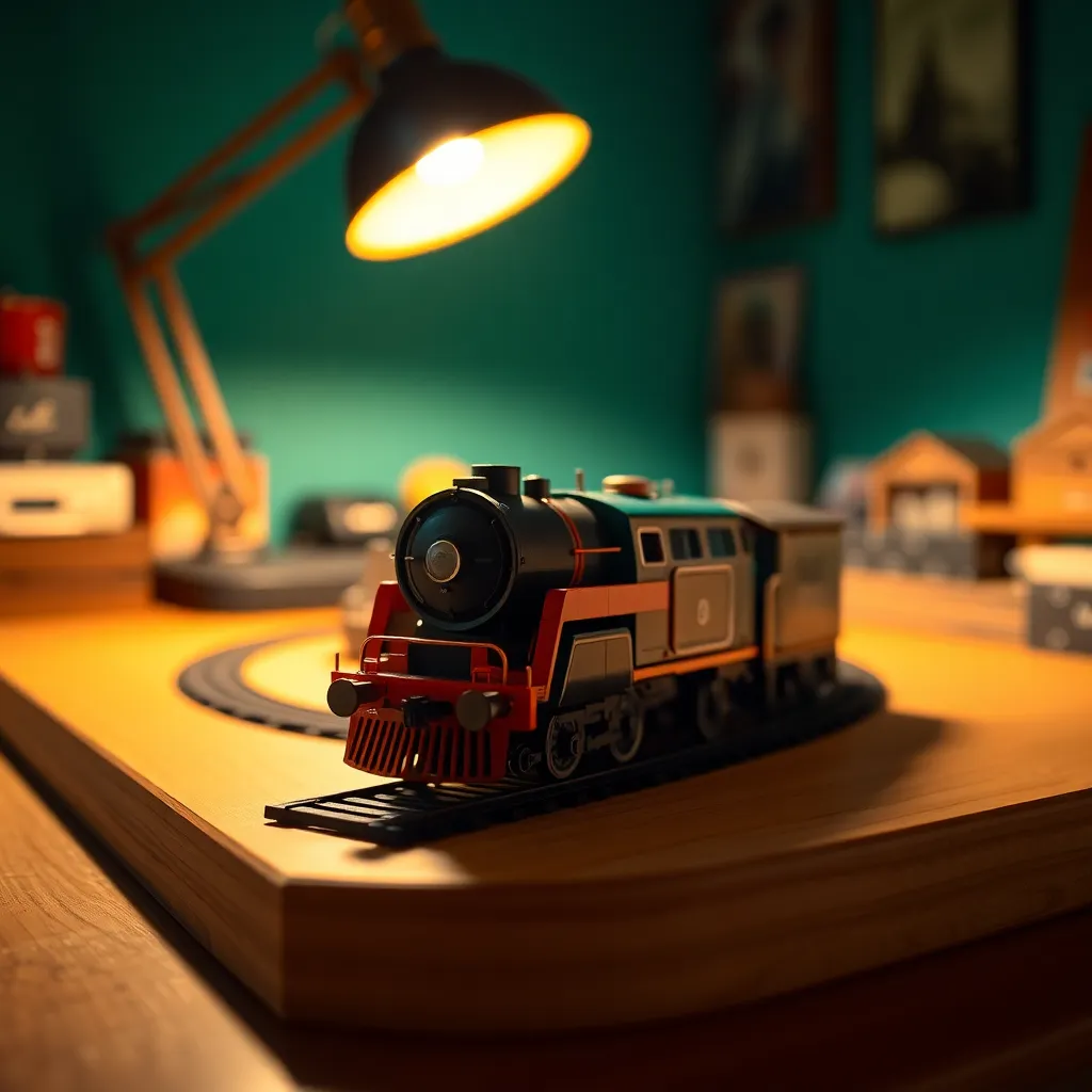 Intricate Model Train Setup An intricately detailed model train setup, illuminated by a warm desk lamp, creates a cozy atmosphere. The carefully crafted trains weave around landscapes, highlighting the artistry of model making. The warm wood base provides a tactile feel, while the cinematic color grading enhances the visual impact. This image captures the charm of a beloved hobby and the passion behind model trains.