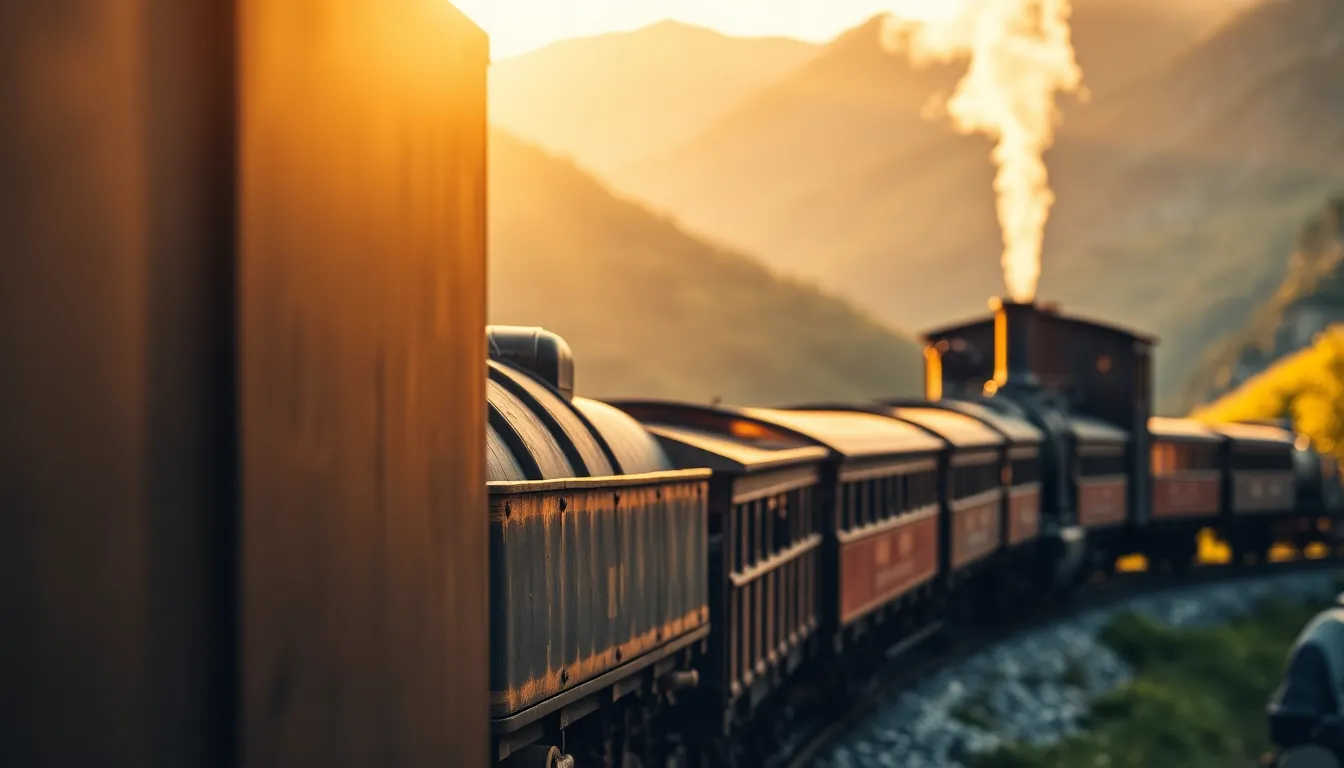 Vintage Steam Train in Scenic Mountain Pass A nostalgic scene featuring a vintage steam train making its way through a picturesque mountain pass. Captured during golden hour, the warm sunlight adds a soft glow to the weathered steel and wooden carriages. The background is blurred into a creamy bokeh with rich greens and browns, while smoke billows from the chimney, enhancing the sense of movement. Positioning the train in the frame draws the viewer's attention along the tracks into the distance.