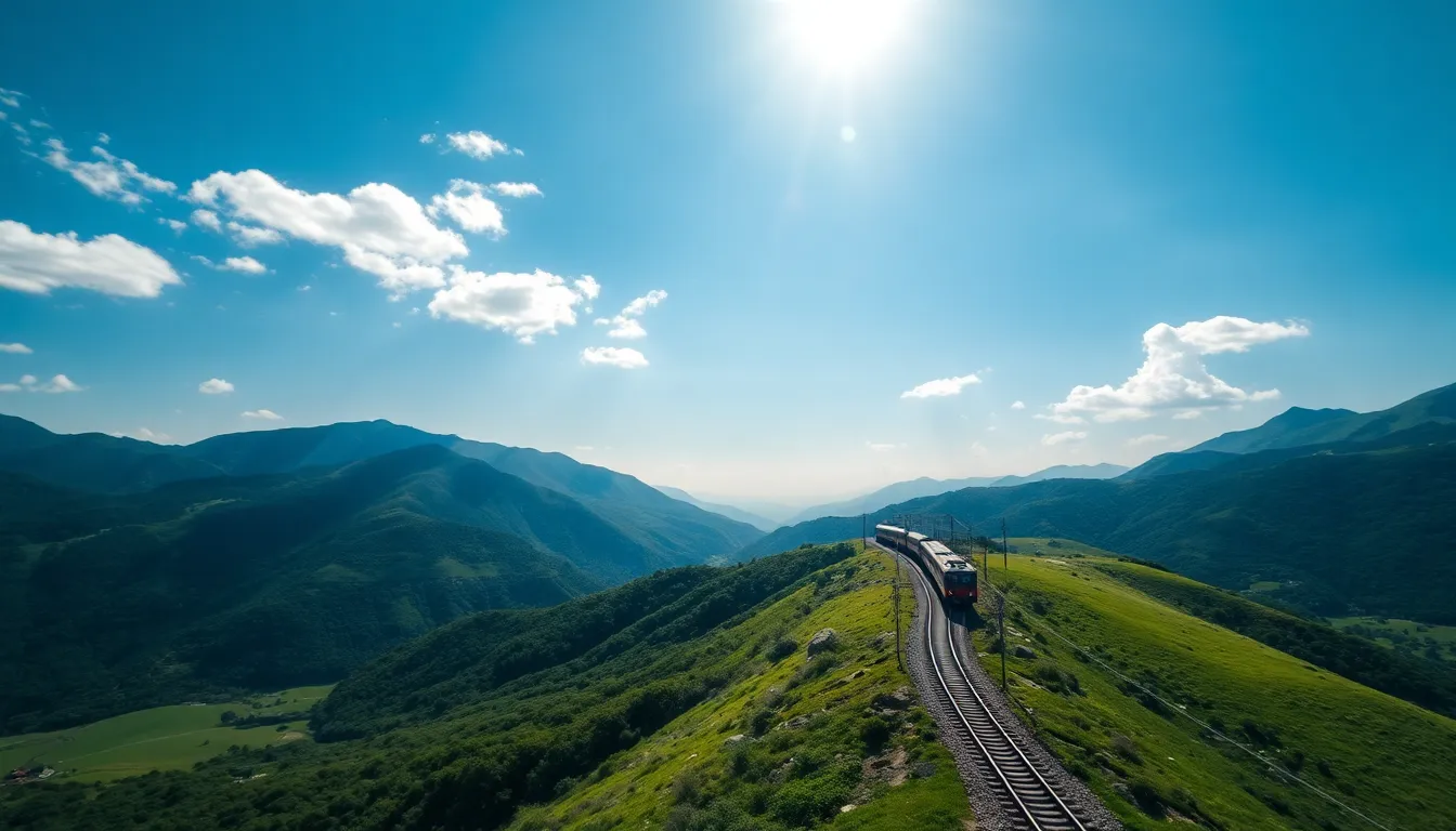 Witness the breathtaking sight of a train making its way through a stunning mountainous landscape from an aerial perspective. Bright blue skies and dappled sunlight illuminate the scene, enhancing the rich greens of the valleys below. With a sharp focus across the entire frame, this photograph captures the intricate details of the train as it travels along the winding tracks. This image beautifully juxtaposes the power of transportation against nature's grandeur.