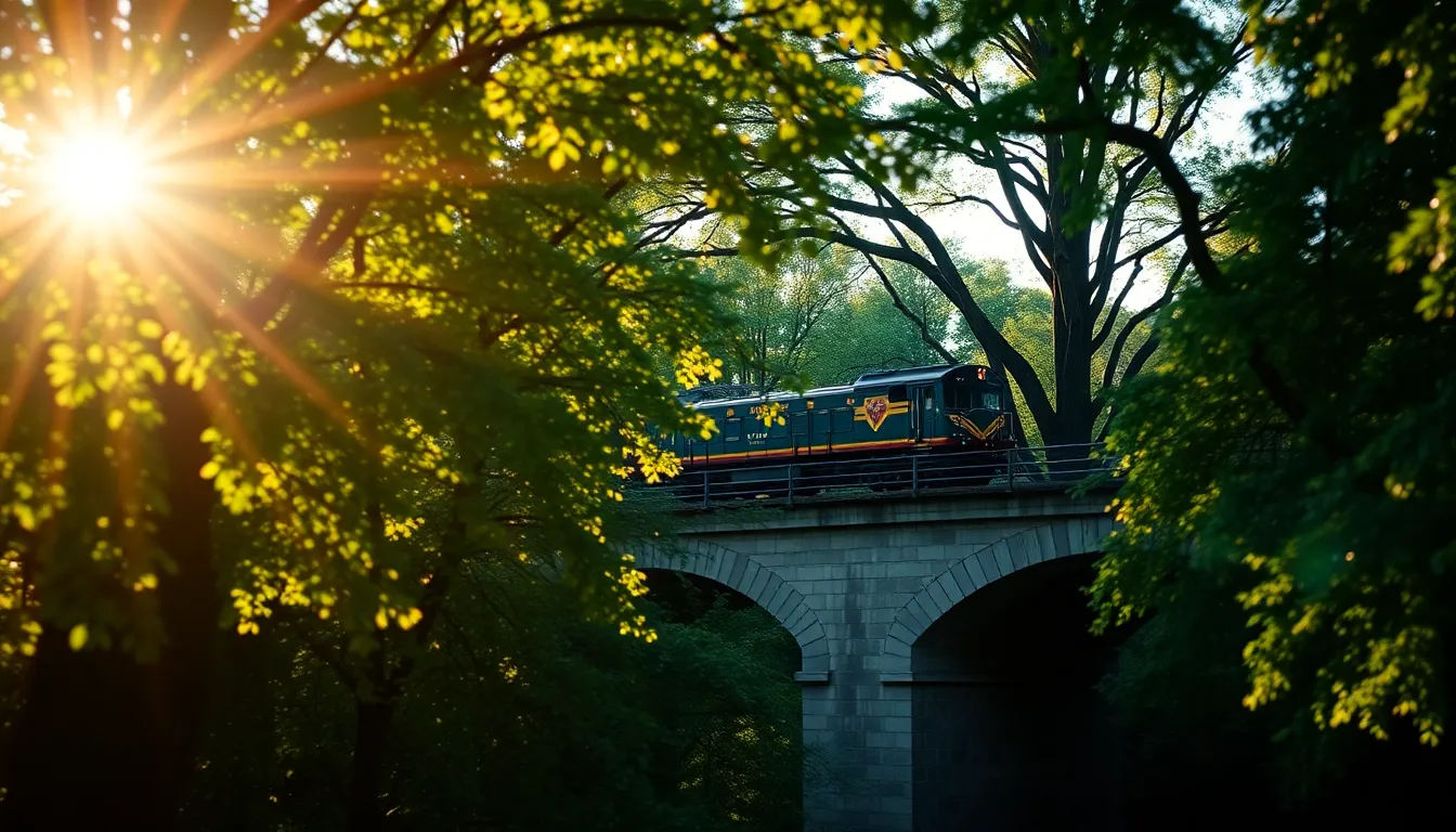Locomotive Passing Through Lush Forest This striking image captures a powerful locomotive as it winds through a vivid green forest. Dappled sunlight creates beautiful bokeh highlights, enhancing the scene's vibrancy while the train emerges from the foliage. The locomotive’s front engine is in sharp focus, showcasing its intricate details against the softly blurred background of lush leaves and bright flowers. The use of saturated colors adds depth and liveliness to this dynamic transportation scene.