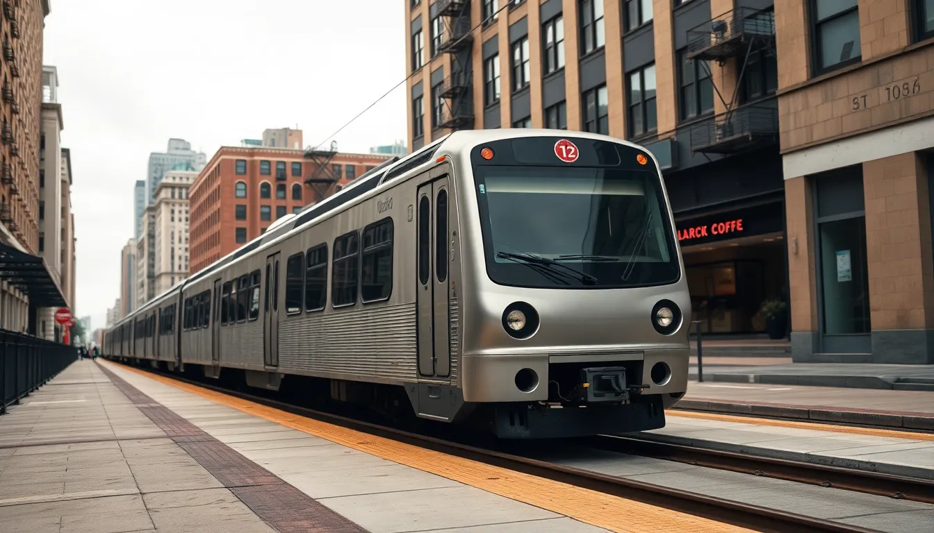 A sleek, modern train traverses through a bustling city, set against an overcast sky. The soft, diffused light enhances the scene, highlighting the sleek metal of the train and the textured concrete around it. A timeless urban atmosphere is captured, embodying the intersection of transportation and modern architecture.