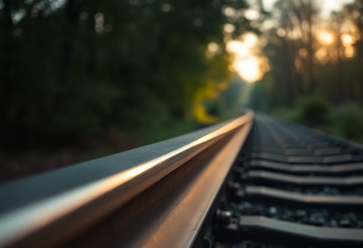 Twilight casts a serene glow over the train tracks, framed by lush greenery as soft dappled sunlight filters through the trees. The gleaming rail captures the last light of the day, with a selective focus that blurs the background into a soft painterly bokeh. The natural muted tones enhance the tranquility of the scene, while the leading lines of the track guide the viewer's eye into a peaceful natural setting.