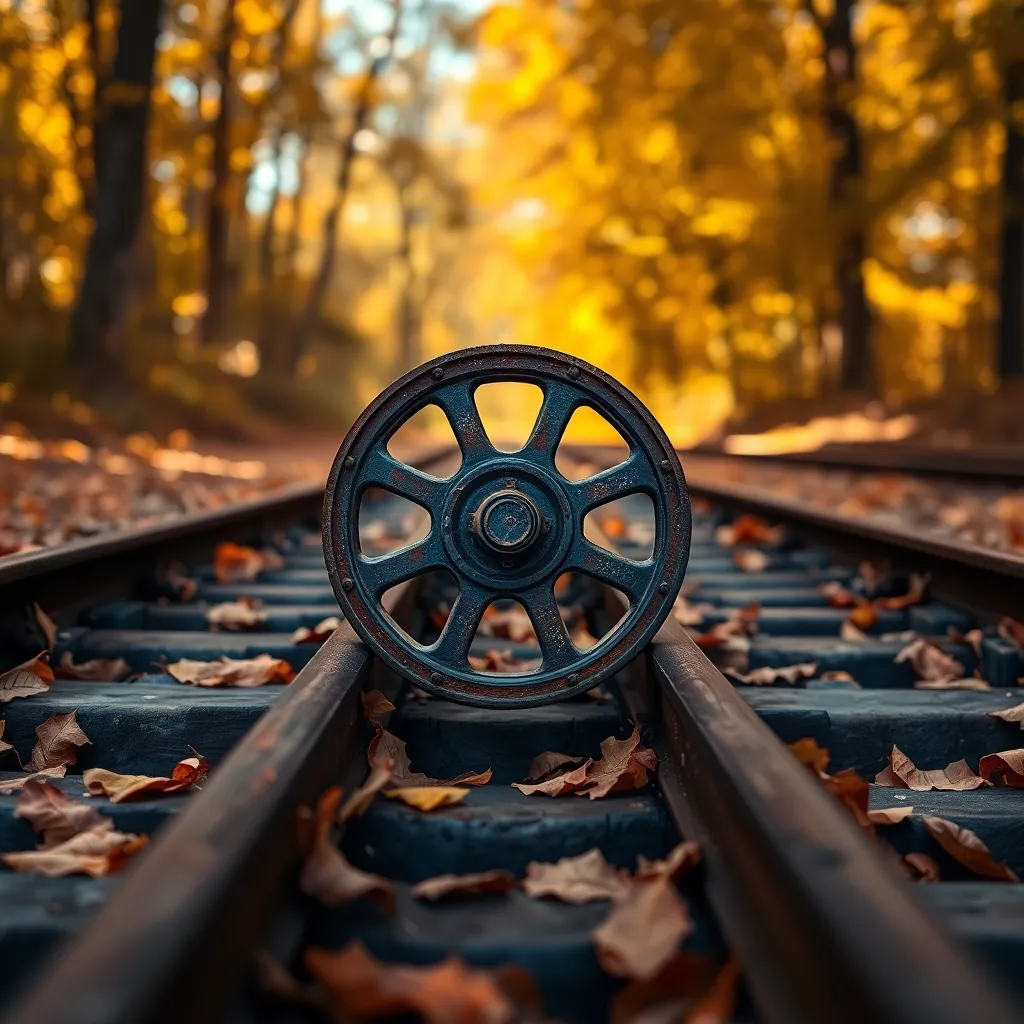 Close-Up of Vintage Train Wheel on Tracks This striking close-up captures a vintage train wheel resting on weathered wooden tracks, surrounded by vibrant autumn leaves. Dappled sunlight filters through the trees, enhancing the warm colors of the scene. The shallow depth of field beautifully isolates the wheel, showcasing the intricate textures of rusted metal against the rich earth tones of the setting. Centered symmetry draws the viewer's focus to the historical element of transportation.