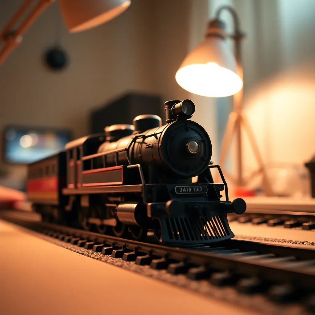 Detailed Model Train Set A close-up of a meticulously crafted model train set, illuminated by warm tungsten light that highlights its intricate details. The shallow depth of field draws the viewer's focus to the train, while the soft background creates a cozy ambiance. Rich colors reminiscent of warm film photography add a nostalgic touch, inviting viewers to appreciate the craftsmanship and the joy of model railroading. This image captures the intimate world of hobbyists and collectors.