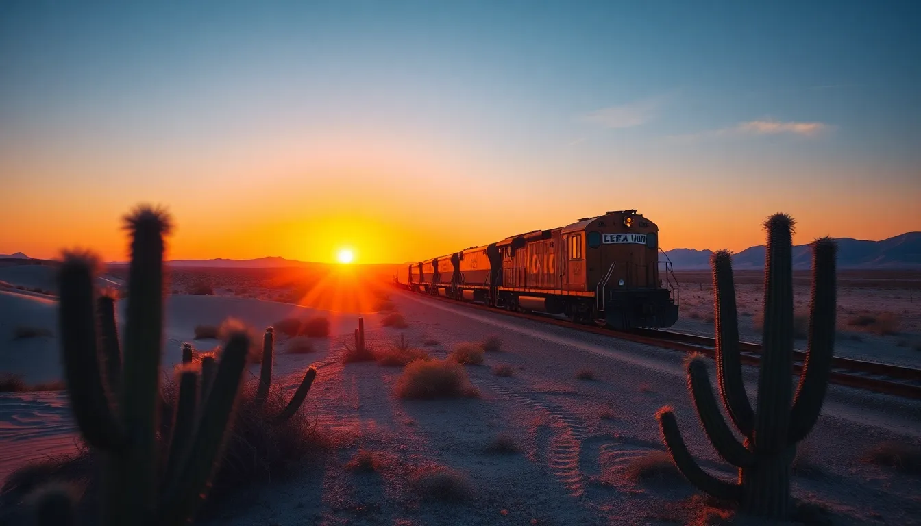 Freight Train in Desert Sunset Landscape This breathtaking image depicts a freight train traversing a vast desert landscape against the backdrop of a stunning sunset. The vibrant warm hues of the sky beautifully contrast with the cool shadows of the sandy dunes, creating a captivating visual experience. With a hyperfocal depth of field that keeps the train and foreground cacti sharp, the composition effectively guides the viewer's eye towards the horizon. The textures of the rugged train cars and the surrounding terrain enhance the scene, conveying a sense of adventure in the vast American landscape.