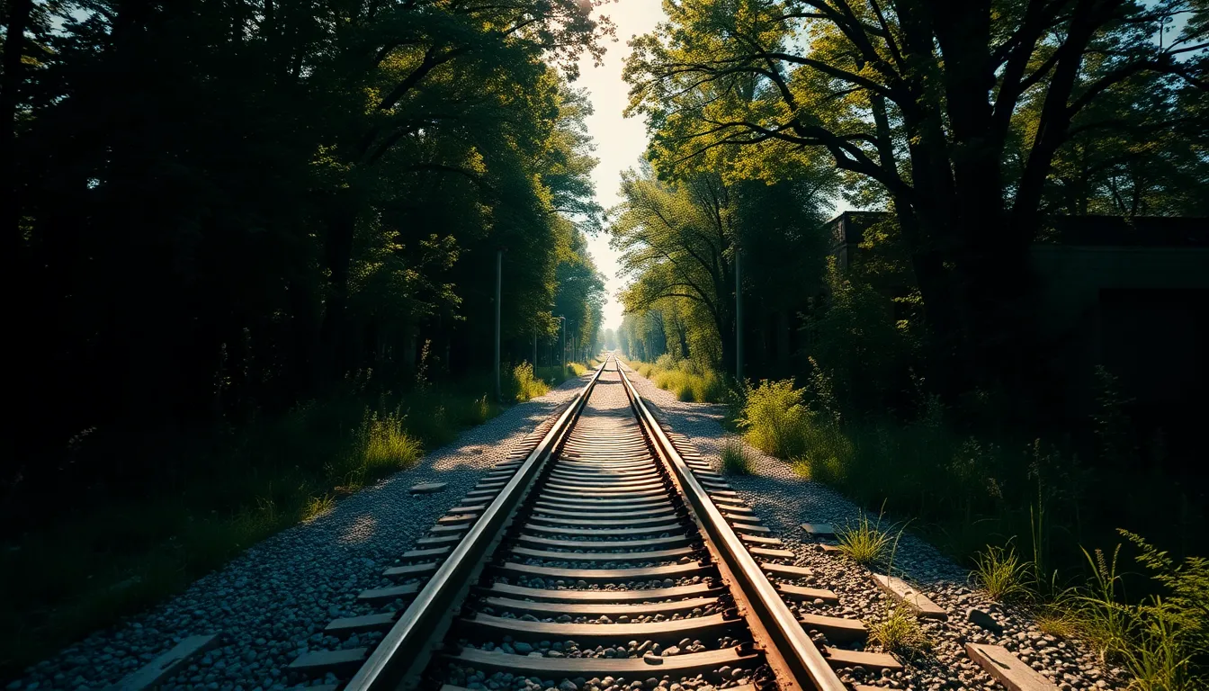 This captivating photograph captures the haunting beauty of an abandoned train station, where dappled sunlight filters through tree leaves onto the rail tracks. The cinematic teal and orange grading sets a moody atmosphere, while leading lines from the tracks guide the viewer's gaze into the vanishing point. A shallow depth of field adds to the dreamlike quality, highlighting the textures of rusted rails amidst the overgrown greenery. This image conveys a sense of nostalgia and the passage of time.