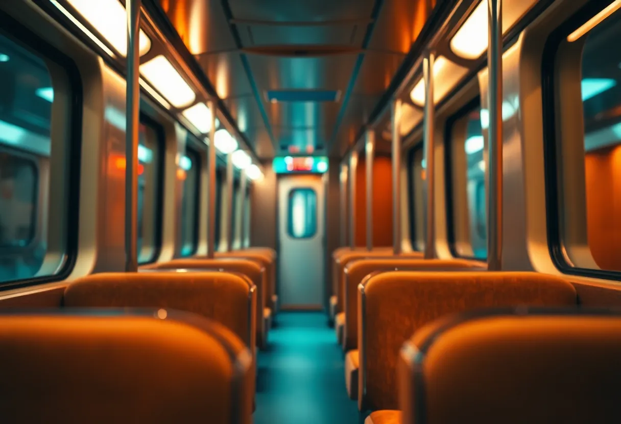 Modern Train Interior Design An inviting shot of a modern train interior, showcasing plush fabric upholstery and sleek chrome details illuminated by warm tungsten light. The shallow depth of field creates a luxurious feel, with a cinematic color grading that enhances the contemporary design. The seating area is dynamically framed within the composition, inviting travelers to immerse themselves in comfort and style. This image reflects the sophistication of modern train travel.