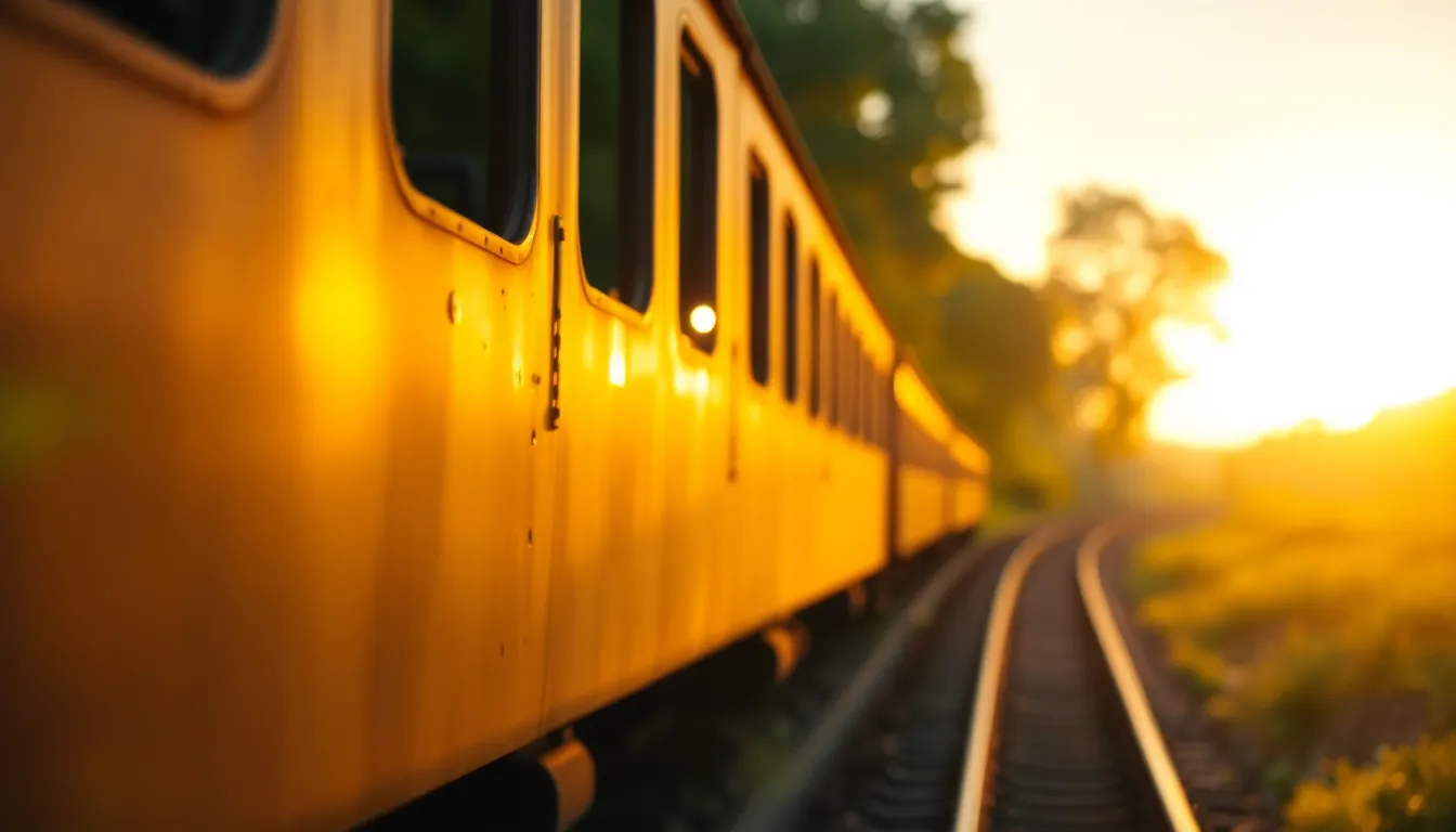 Rustic Train at Sunset A vintage train sits gracefully in the golden hour light, its weathered surface catching the warm hues of the sunset. The lush green backdrop contrasts beautifully with the train’s rustic colors, evoking a sense of nostalgia and adventure. The composition highlights the train's position within the frame, surrounded by soft bokeh, enhancing its prominence. This shot captures the serene yet vibrant atmosphere of a sunset railway scene.