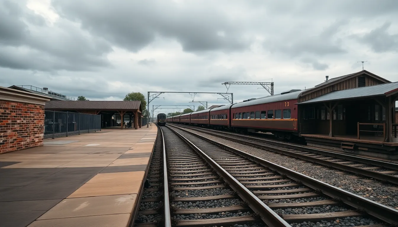 Rustic Train Station on Overcast Day This image depicts a rustic train station set against a moody overcast sky. The soft, diffused light creates a serene atmosphere, accentuating the weathered textures of the brick and wood. Leading lines from the tracks draw the viewer's eye towards the station, while the muted color palette enhances the nostalgic feel. This tranquil scene invites a sense of stillness and reflection.