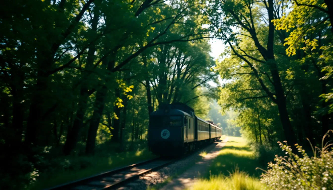 A picturesque scene as a train gracefully emerges from a vibrant green forest, dappled sunlight playing through the trees. The lush foliage envelops the train, enhancing its colors and textures. The shot captures the serene beauty of nature and the harmonious junction of nature and transportation.