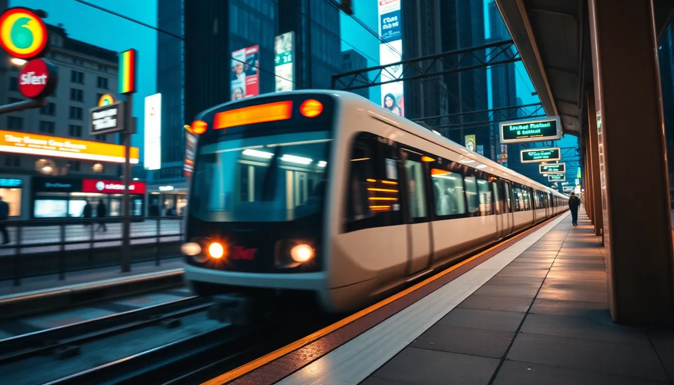 Experience the thrill of a modern electric train racing through a bustling city station at dusk. The neon lights reflecting off the sleek glass panels create a captivating visual effect, while the rain-slicked platform adds depth and texture. The dynamic Dutch angle enhances the sense of speed and energy within this vibrant urban landscape. With its sharp focus and cinematic color grading, this image encapsulates the essence of contemporary transportation.