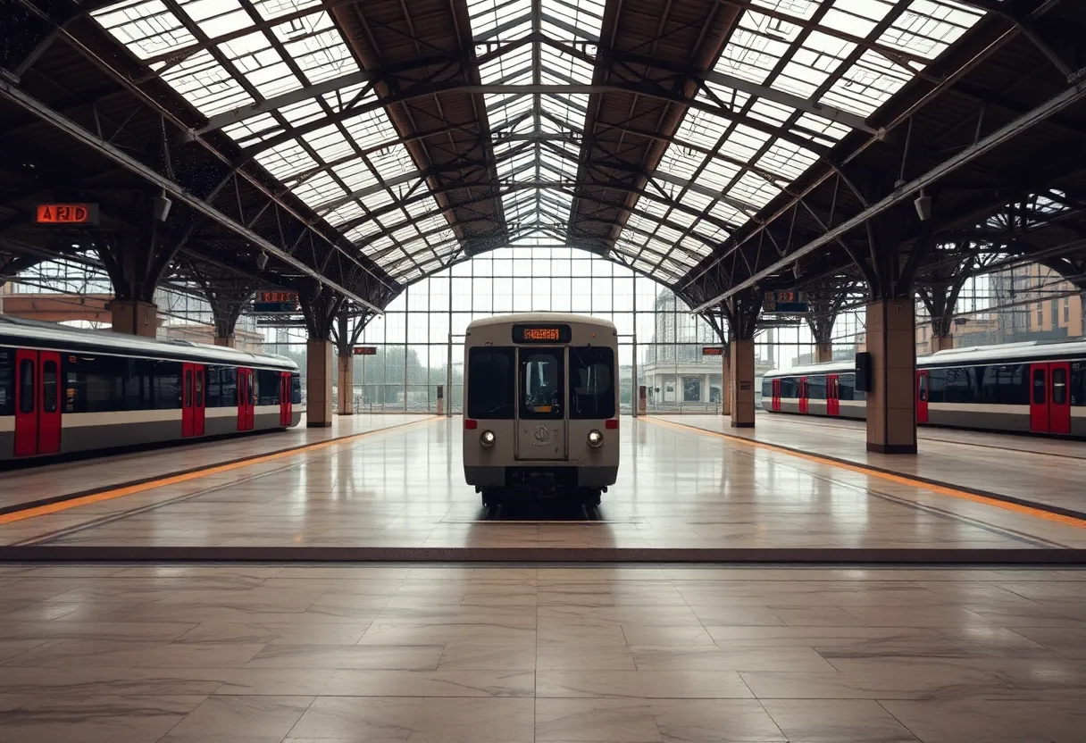 Modern Urban Train Station Interior Inside a state-of-the-art urban train station, sleek lines and modern architecture dominate the scene, bathed in soft, diffused light. The polished concrete floors and glass walls create a clean, contemporary ambiance. People bustle about, waiting for their trains beneath a vast ceiling where natural light streams in. This composition captures the essence of modern travel and urban movement.