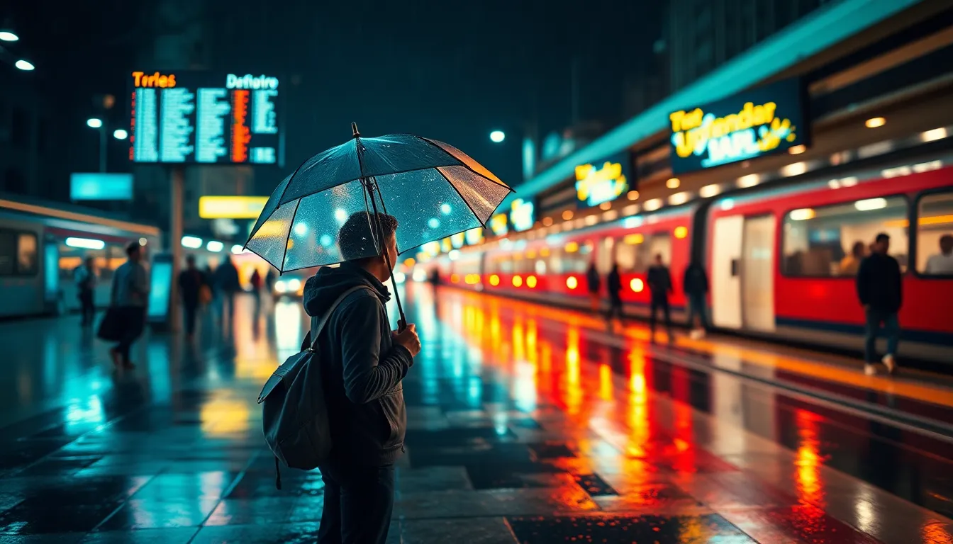 This dynamic image captures the hustle and bustle of a train station on a rainy evening, illuminated by vibrant neon lights. The reflective surfaces of the wet pavement create a striking contrast against the glowing colors, enhancing the vividness of the scene. A lone traveler stands out in sharp focus against a blurred background, evoking a sense of anticipation and movement. The cinematic color grading and rich textures immerse viewers in the energy of urban transportation, showcasing the rhythm of life in transit.