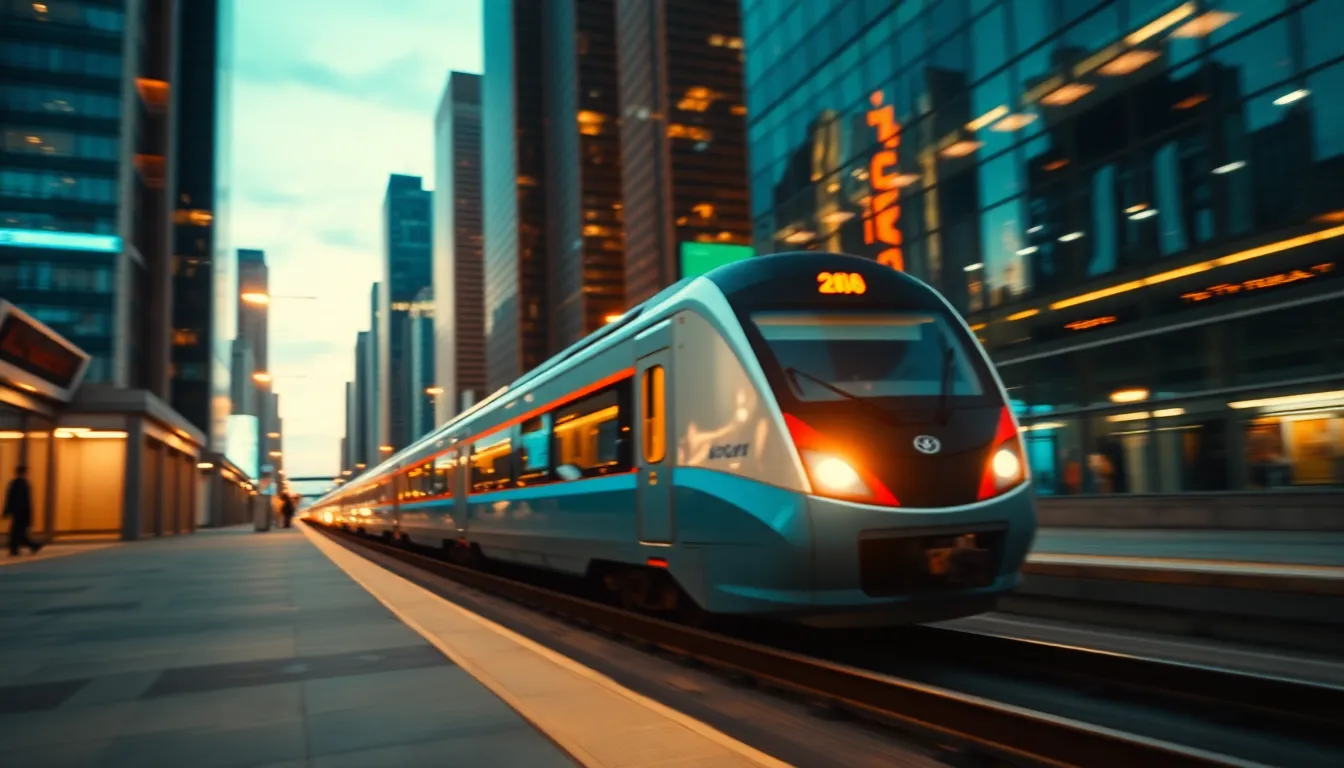 A dynamic capture of a high-speed train slicing through a bustling cityscape at dusk, surrounded by vibrant urban lights. The motion blur of the train contrasts beautifully with the sharp details of the city, creating an exhilarating ambiance. The teal and orange color grading enhances the electric feel of the scene, while reflections from nearby buildings add depth. This composition effectively conveys the sense of movement and modernity in transportation.