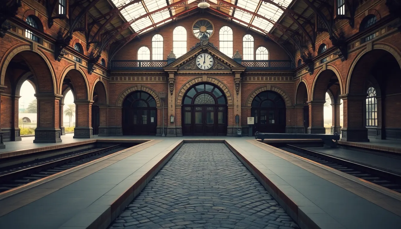 An elegantly restored historical railway station basks in the soft light of early morning. The stunning architecture is captured in sharp detail, showcasing intricate brickwork and cobblestone textures. The muted color palette adds a timeless quality, enhancing the station's vintage charm. A symmetrical composition emphasizes the beauty of the structure, inviting viewers to appreciate the rich history of transportation.