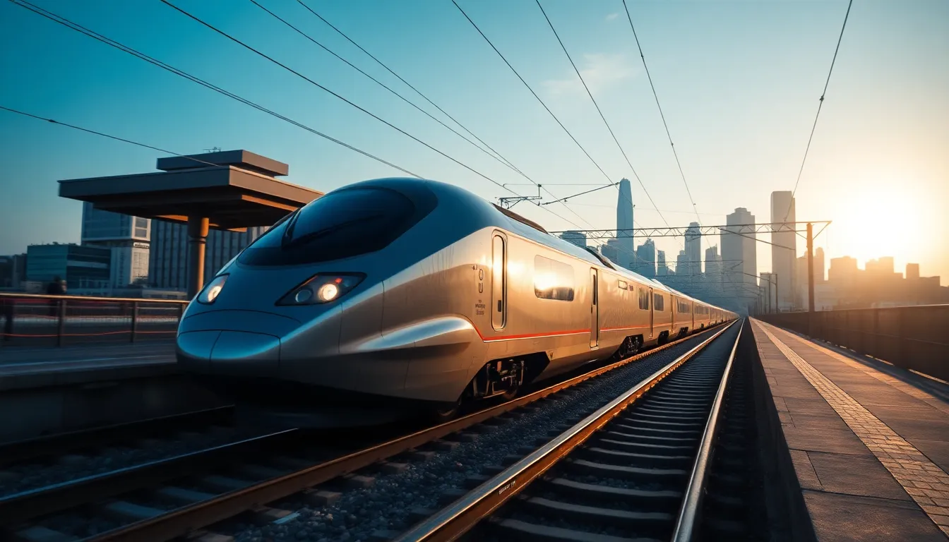 Bullet Train Acceleration in Urban Landscape This dynamic image showcases a sleek bullet train racing through a bustling cityscape during the late afternoon. The reflective metallic surface of the train captures stunning light contrasts while the hyperfocal focus keeps both the train and urban skyline exceptionally sharp. A cool color palette enhances the modern feel. Leading lines of the tracks draw the viewer's eye towards the horizon, capturing the essence of speed and technology.