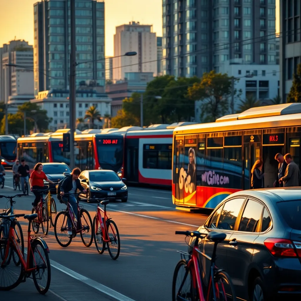 Diverse Urban Transportation Scene at Sunset