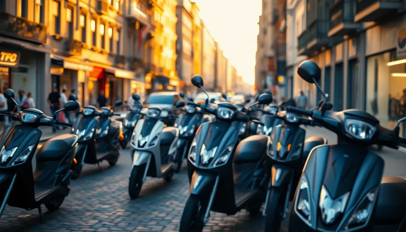 Electric Scooters Lining a City Street
