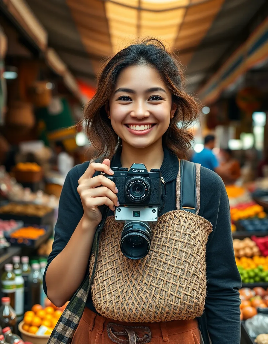 Traveler in Market with Vintage Camera