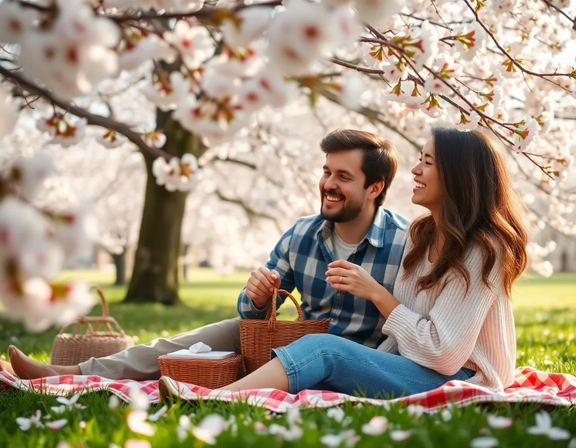 This charming image depicts a couple enjoying a delightful picnic beneath blooming cherry blossom trees. Soft, diffused daylight filters through the flowers, enhancing the pastel colors of the scene. Their natural, casual attire harmonizes with the vibrant spring backdrop, creating an atmosphere of warmth and intimacy. The shallow depth of field draws focus to their joyful expressions, with the petals gently blurring into a dreamy background. This picturesque moment captures the essence of romance and the beauty of nature.