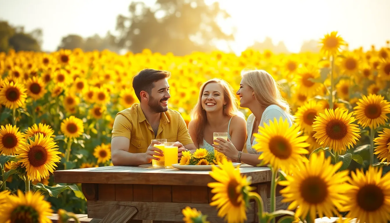A joyful couple shares a charming picnic in the midst of a lush sunflower field. The late afternoon sun creates a warm glow around them, illuminating their happy expressions as they sip lemonade. The bright sunflowers stretch toward the horizon, adding vibrant yellow tones to the scene. This picturesque setting is perfect for romantic getaways and captures the essence of outdoor lifestyle and travel, with detailed textures of the rustic table and soft picnic blanket enhancing the experience.