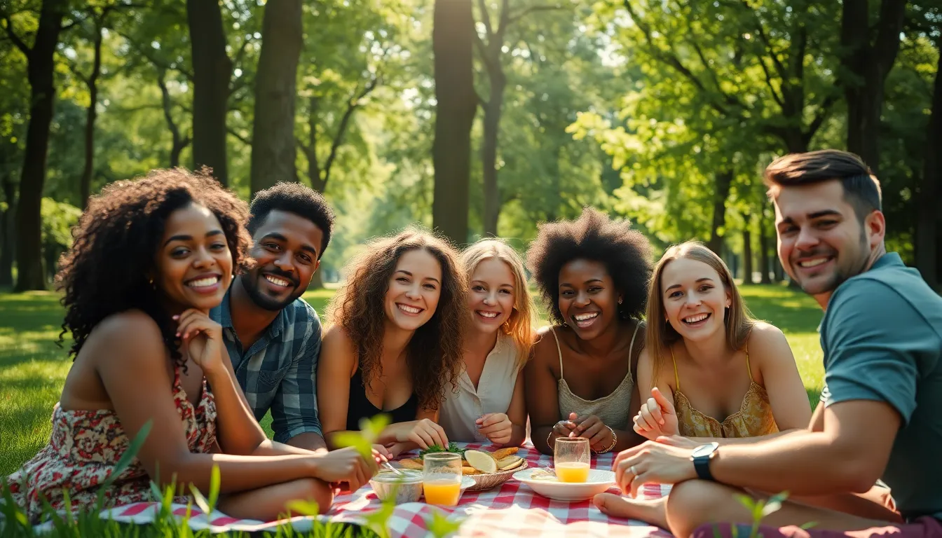 This vibrant scene captures a diverse group of friends sharing a joyful picnic in a lush green park. Sunlight filters through the leaves, casting playful patterns on their cheerful faces and highlighting the colorful spread of food on their picnic blanket. The richness of greens and warm skin tones creates an inviting atmosphere, celebrating friendship and the beauty of nature. The composition guides the viewer’s eye through the scene, enhancing the sense of togetherness and outdoor fun.