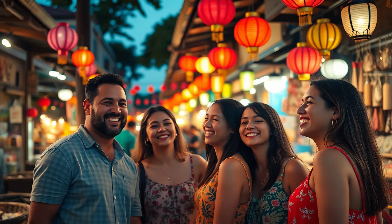 A vibrant image showcasing a group of friends immersed in the lively atmosphere of a twilight street market. The warm glow of lanterns illuminates their joyful expressions as they browse colorful local crafts. The scene is rich with textures from wooden stalls and vibrant textiles, enhancing the festive ambiance. This photorealistic portrayal captures the essence of cultural exploration and camaraderie.