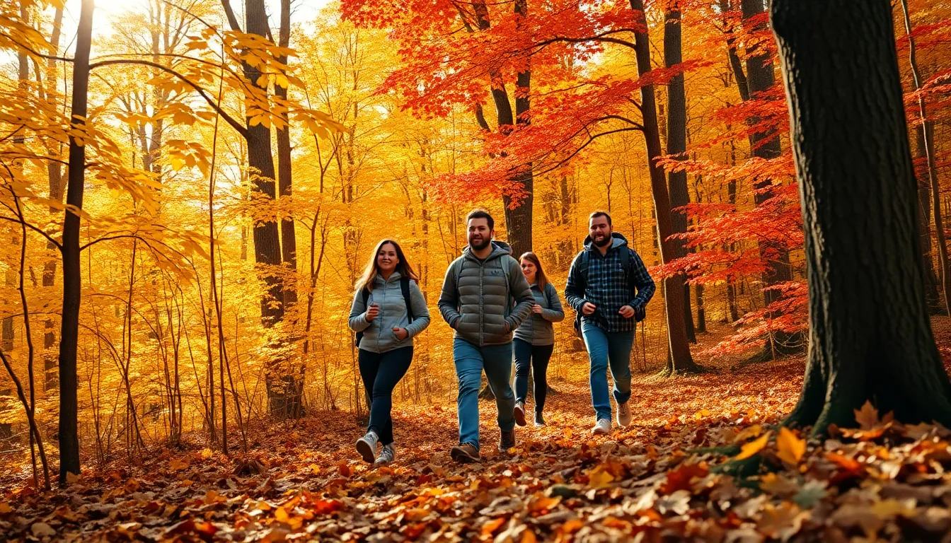 A lively group of friends navigates a stunning autumn forest, surrounded by a kaleidoscope of golden and red foliage. Sunlight spills through the trees, creating an enchanting atmosphere that evokes the essence of adventure and friendship. Each individual is immersed in the beauty of nature, showcasing their joy and connection to the outdoors. The detailed textures of the tree bark and leaves add depth to the image, making it an inspiring representation of fall travel experiences.
