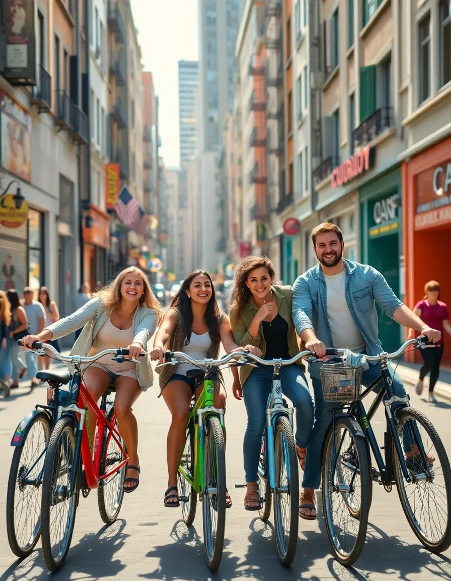 This vibrant image showcases a lively scene of friends renting bicycles in an energetic cityscape. Bright afternoon sunlight highlights their joyful expressions and the colorful storefronts surrounding them, creating a cheerful atmosphere. The centered composition emphasizes the spirited camaraderie among the group, while the blurred city backdrop adds a dynamic urban touch. With a lively color palette and sharp focus on the friends, this moment captures the essence of exploration and friendship in a bustling environment.