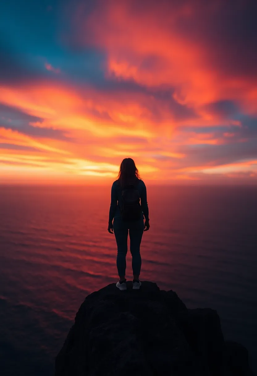 A solitary female traveler stands confidently at the edge of a cliff, gazing out over a vast ocean at sunset. The sky is awash with vibrant oranges and purples, creating a breathtaking backdrop to her adventurous spirit. Her presence against the immense landscape highlights the beauty of exploration and the thrill of discovering new horizons.