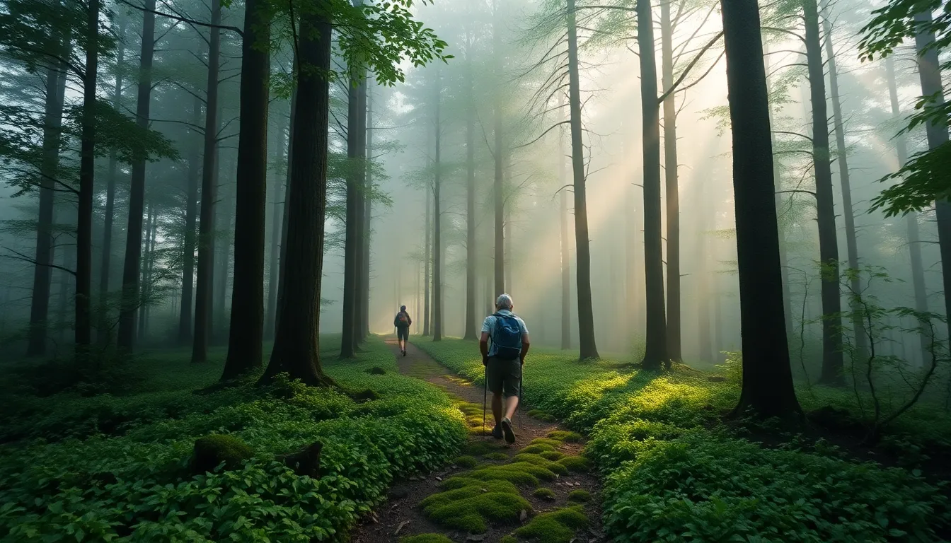 An enchanting image of a solo traveler navigating a lush, green forest on a tranquil misty morning. The soft diffused sunlight filters through the trees, enhancing the serene atmosphere while creating a magical quality in the scene. The vibrant greens and earthy tones harmonize beautifully, leading the viewer's eye along the well-trodden path. This photorealistic portrayal captures the spirit of adventure and the beauty of nature in travel.