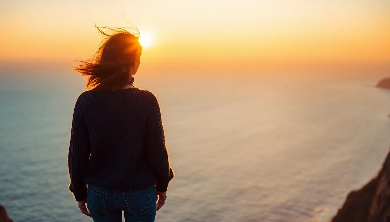 A striking image of a solo traveler standing on a cliff, gazing at the vibrant sunset illuminating the ocean. The warm golden tones contrast beautifully with the cooler blues of the sea, creating a serene atmosphere. The composition highlights the traveler against the stunning backdrop, emphasizing the sense of adventure and introspection. This photorealistic scene captures the essence of travel and exploration, evoking a longing for new experiences.