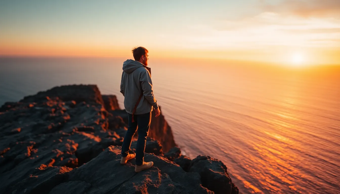 This stunning image showcases a solo traveler standing on a rugged cliff, gazing at the ocean during sunset. The warm golden light enhances the rocky textures while the vibrant colors of the sky create a breathtaking backdrop. The sense of adventure is palpable as the traveler, dressed in a lightweight jacket, embraces the natural beauty around them. The shallow depth of field beautifully emphasizes the subject while softly blurring the stunning horizon. The composition draws the viewer's eye toward the vast expanse of water, evoking feelings of freedom and exploration.