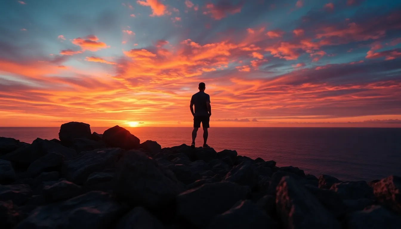 Traveler on Cliff at Sunset