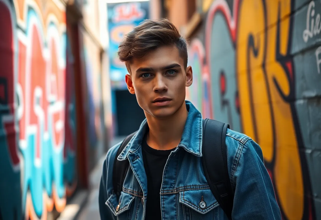 A young man wanders through narrow alleyways rich with colorful street art, captured in a moment of wonder. The soft daylight accentuates the vibrant hues of the murals, while the blurred background adds depth and intrigue. His casual denim jacket complements the urban setting, epitomizing the spirit of exploration and creativity found in street culture.
