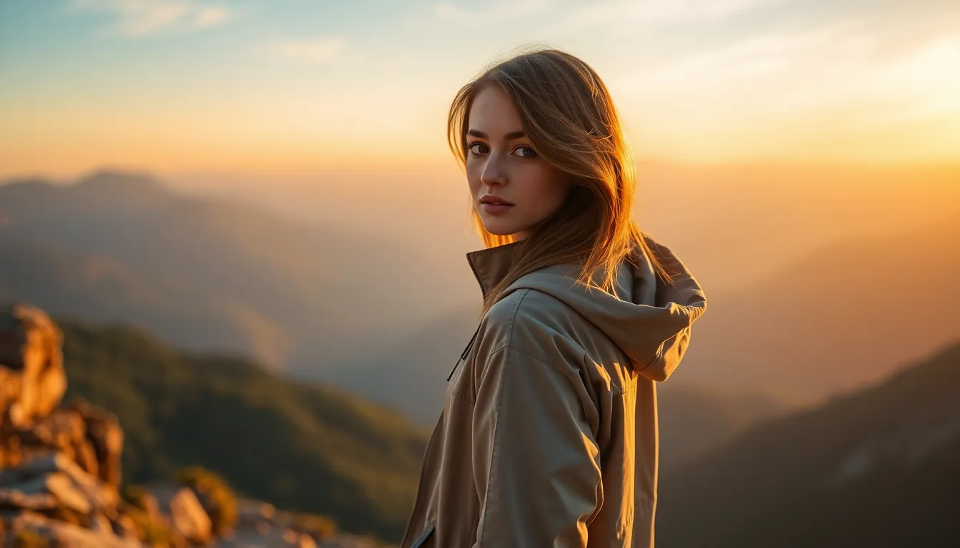 A young woman in a windbreaker stands confidently on a rocky cliff, gazing over a breathtaking mountain vista. Golden hour light envelops her, casting a warm glow on her features while the mountains fade into a soft bokeh behind her. The scene evokes a spirit of adventure and exploration, with rich greens and warm tones lending an inviting atmosphere. The rugged texture of the rocks contrasts beautifully with the softness of her clothing, capturing the essence of outdoor travel.